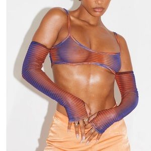 Orange Purple Print Mesh Shoulder Top/Bralette